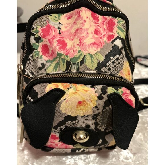 Betsey Johnson Black Dog Floral Snake Skin Print Mini Adjustable Backpack - Picture 1 of 6